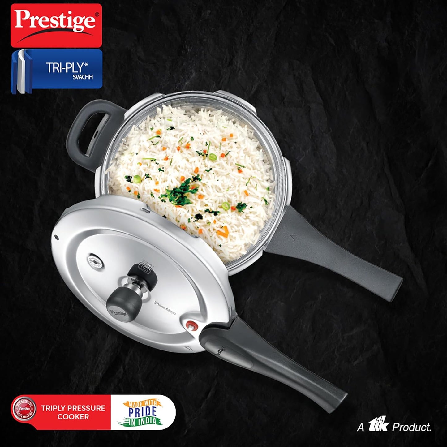 Prestige 5 Litres Svachh Tri-Ply handi pressure cooker Outer Lid | Deep Lid for spillage control | Metallic Safety Plus | 5 years warranty - 20707