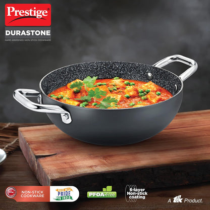 Prestige Durastone Hard Anodised Non-Stick Deep Kadai with Glass Lid | 6 layers extra durable stone finish | No harmful chemicals | Induction compatible | SS Stay cool handles