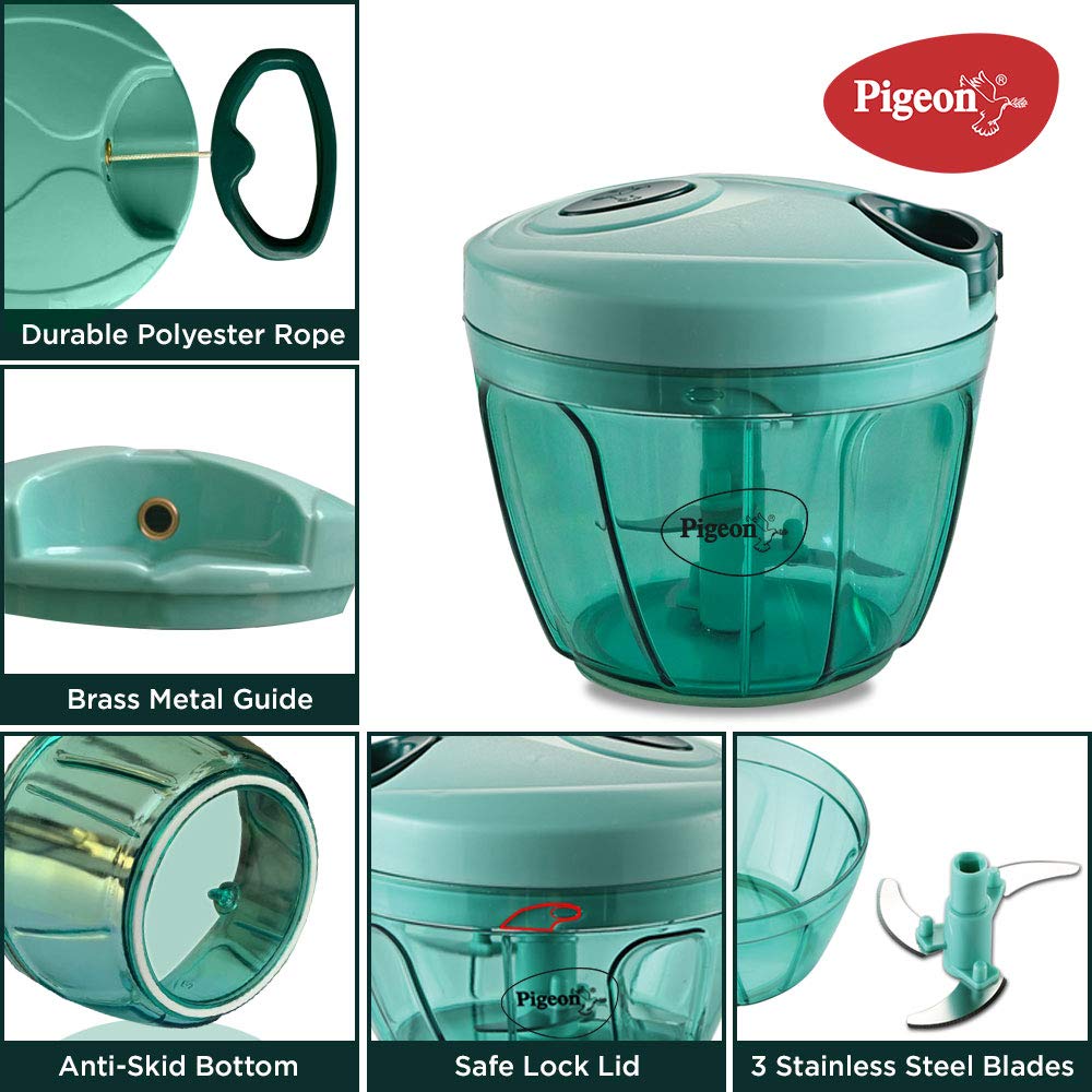 Pigeon Polypropylene Large Handy and Compact Chopper with 3 Blades for Effortlessly Chopping Vegetables and Fruits for Your Kitchen (Green, 650 ml) - 14298
