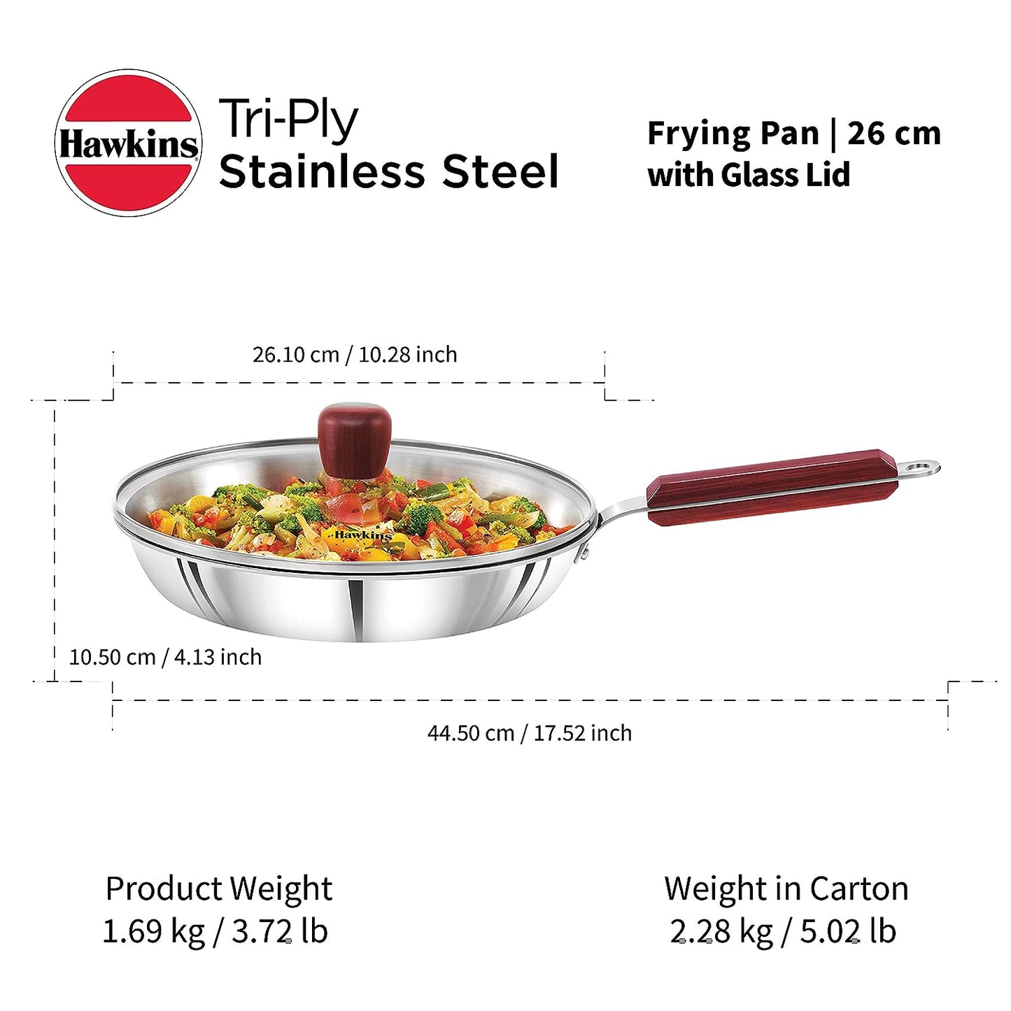 Hawkins Triply Stainless Steel Induction Base Fry Pan With Glass Lid 26cm - SSF 26G