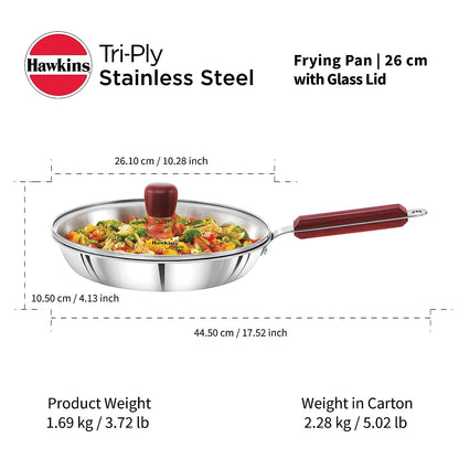 Hawkins Triply Stainless Steel Induction Base Fry Pan With Glass Lid 26cm - SSF 26G