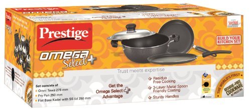 Prestige Omega Select Plus Residue Free Non-Stick Kitchen Set, 3-Pieces (Omni Tawa 27.5cm, Fry Pan 25cm, Kadai With Lid 25cm) - 30735