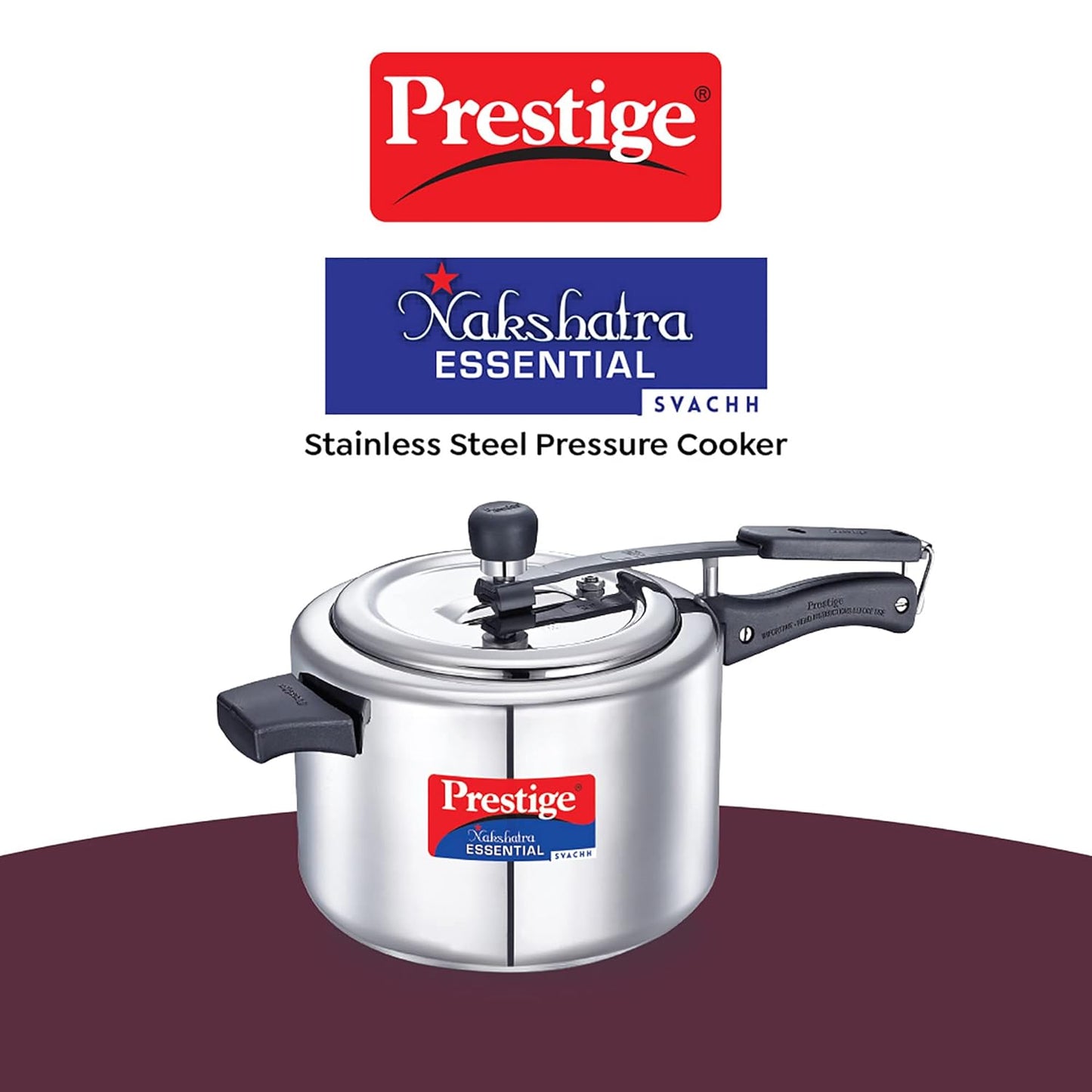 Prestige Nakshatra Essential Svachh Stainless Steel Pressure Cookers 5 Litres, Silver, Tri-Ply Bottom, Inner Lid - 20538