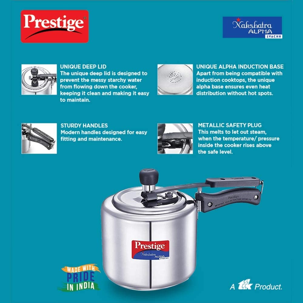 Prestige Nakshatra Alpha Svachh Stainless Steel, 3 Litres, Straight Wall, Spillage Control Pressure Cooker - 20245