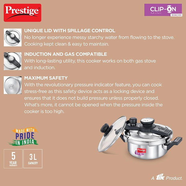 Prestige Svachh Clip-on Mini Stainless steel 3 Litres Pressure Cooker - 20231