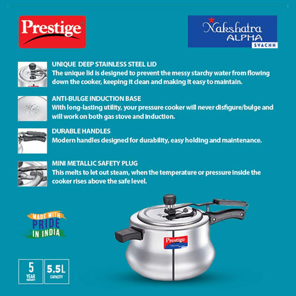 Prestige Nakshatra Alpha Svachh Handi Pressure Cooker, 5.5 Litres, with deep lid for Spillage Control (Inner Lid, Stainless Steel) - 20258