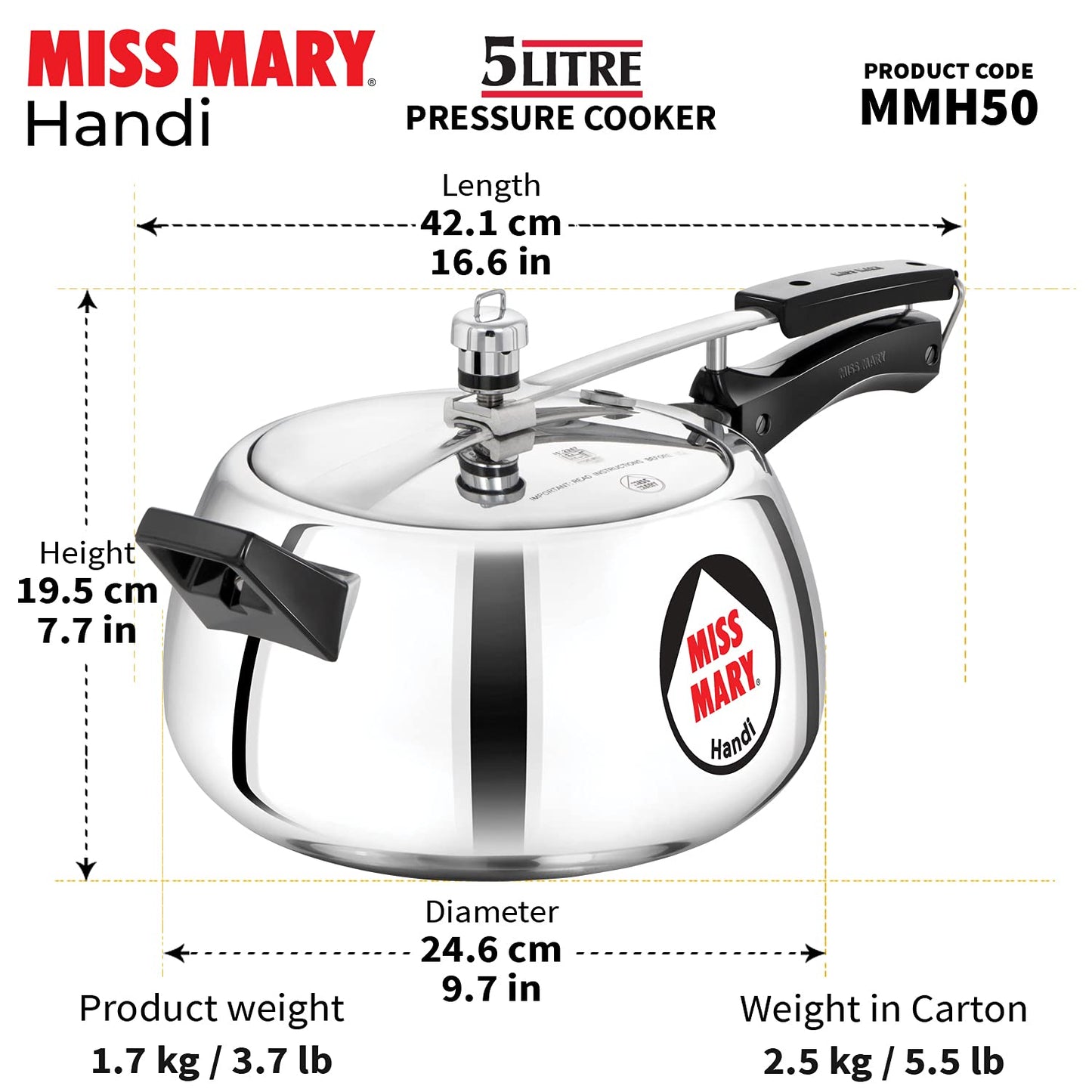 Hawkins Miss Mary Handi Aluminium Inner Lid Pressure Cooker 5 Litres - MMH50