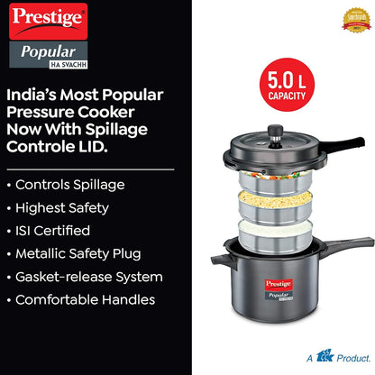 Prestige Popular Svachh Hard Anodised Pressure Cooker 5.0 Litres, Black, Deep Lid-Controls Spillage - 20337