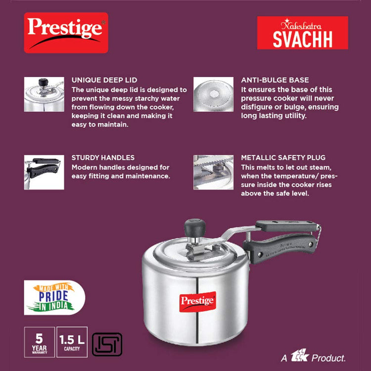 Prestige Nakshatra Svachh 1.5 Litres, Straight Wall Aluminium Inner Lid Pressure Cooker, with Deep Lid for Spillage Control - 10738