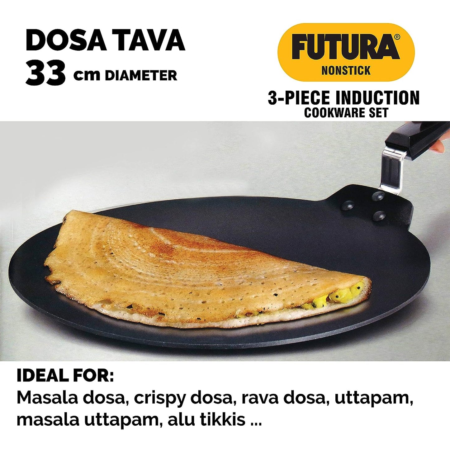 Hawkins Futura 3 Pieces Non Stick Cookware Set No.7 - 33cm Dosa Tava, 18cm Frying Pan, 2.5 Litres Kadhai and Two Stainless Steel Lids - NSET7