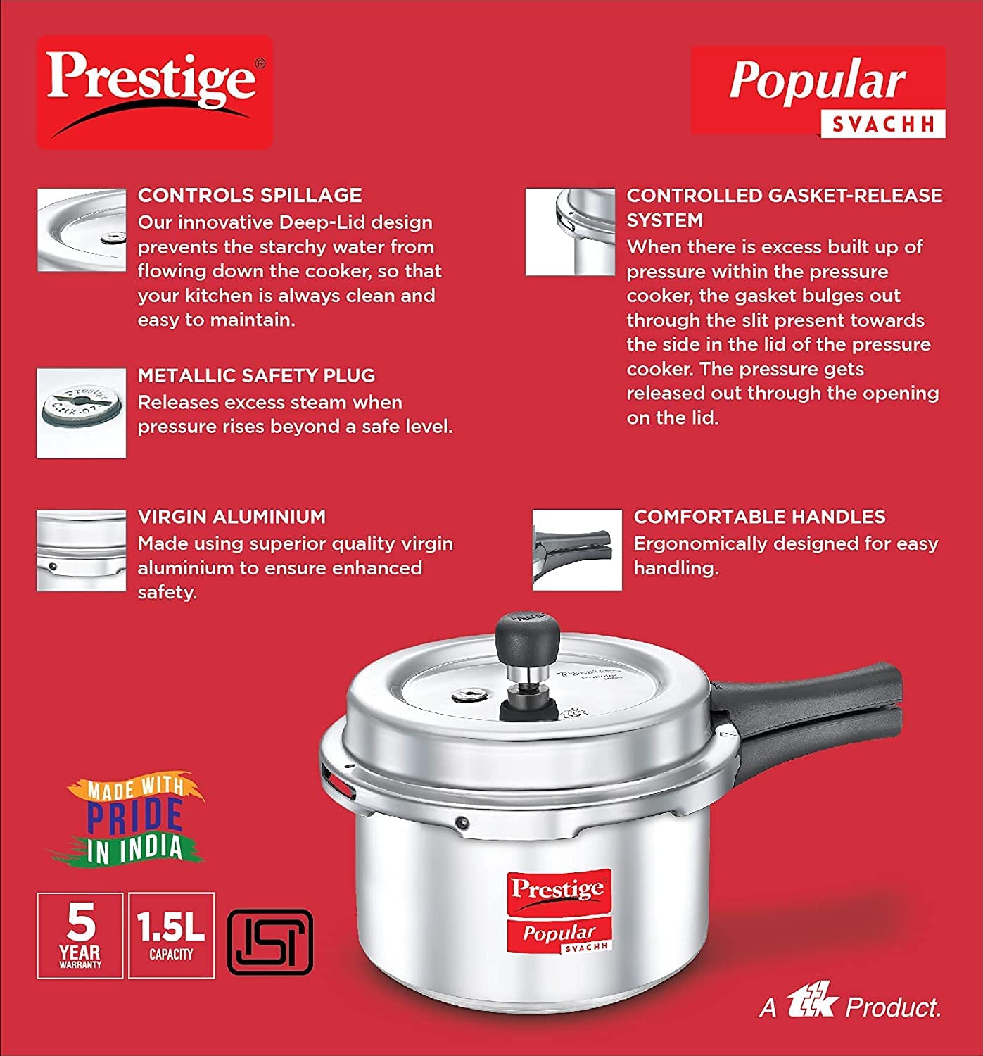 Prestige Popular Svachh Aluminium Outer Lid Pressure Cooker 1.5 Litres - 10162