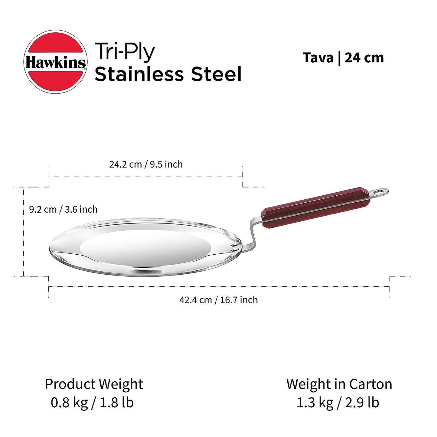 Hawkins Tri-Ply Stainless Steel Tava With Rosewood Handle 24cm, 3.5mm Induction Compatible - SSTV 24