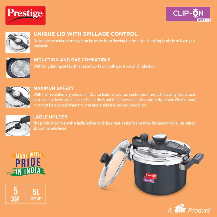 Prestige Svachh Clip-on 5 Litres Hard Anodised Outer Lid Aluminium Pressure Cooker - 20242