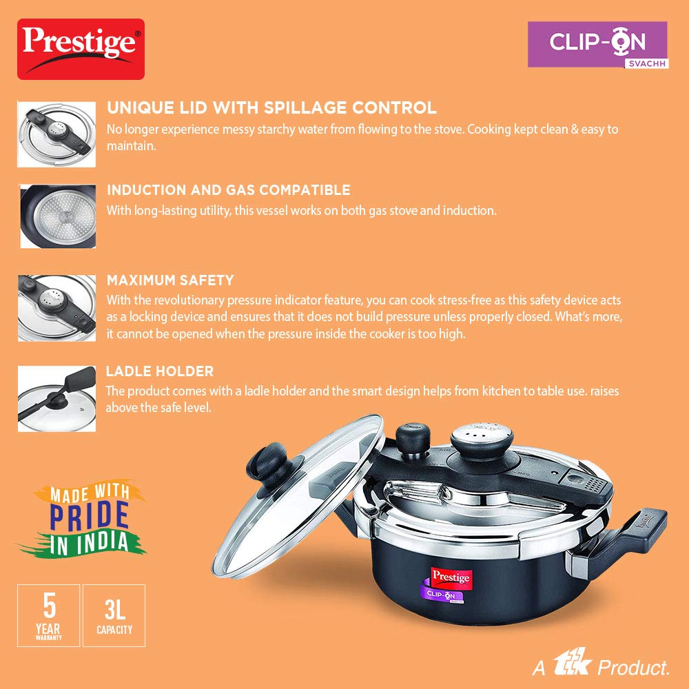 Prestige Svachh 3 Litres Hard Anodised Aluminium Outer Lid Pressure Cooker, with Deep Lid for Spillage Control - 20241