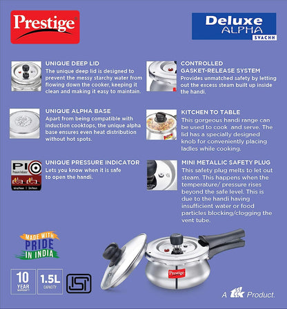 Prestige Deluxe Alpha Svachh Stainless Steel Outer Lid Pressure Cooker 1.5 Litres with Glass Lid (With Deep Lid For Spillage Control) - 20265
