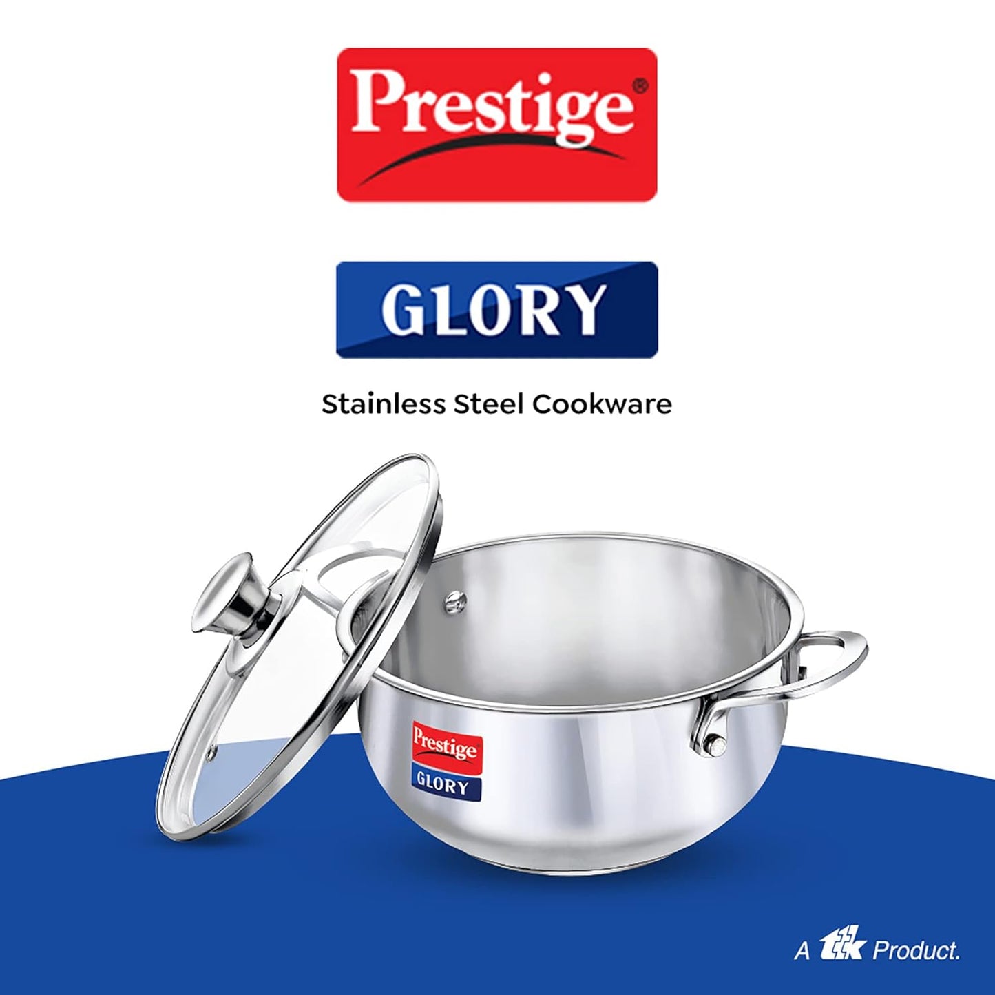 Prestige Glory Stainless Steel Cookware Kadai 22 cms | 3.5 Liters with Glass Lid - 37539