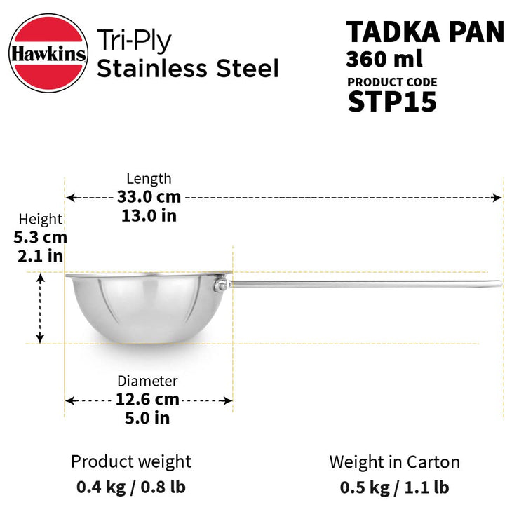 Hawkins Triply Stainless Steel Induction Base Tadka Pan 1.5 Cup || 360 ml - STP15