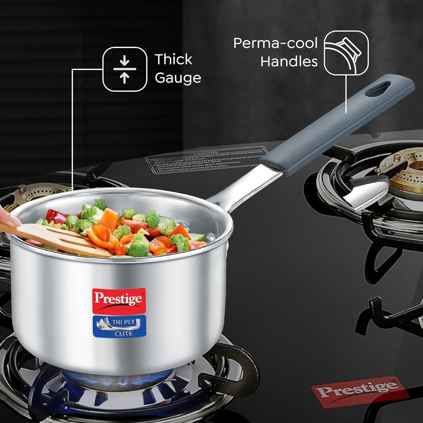 Prestige Tri-ply Cute Sauce Pan 10 cm |400 ml |Thick Gauge | Induction Compatible|Perma-Cool Handles - 38287