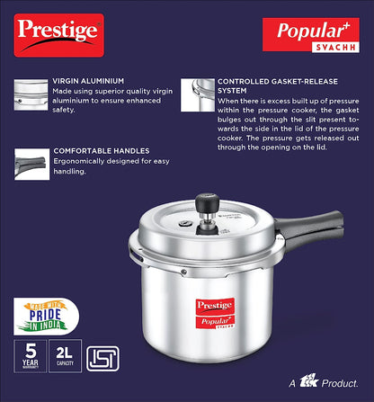 Prestige Popular Plus Svachh Aluminium Gas and Induction Compatible Outer Lid Pressure Cooker 2 Litres (Tall) - 10169