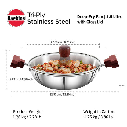 Hawkins Triply Stainless Steel Deep Fry Pan | Kadhai With Glass Lid 1.5 Litres | 22cms, Flat Bottom Induction Base - SSD 15G