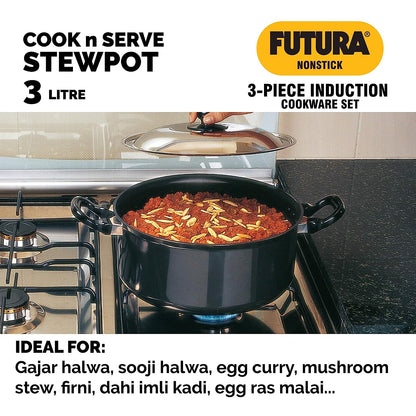 Hawkins Futura 3 Pieces Induction Compatible Nonstick Cookware Set 1 - 26cm Frying Pan, 26cm Flat Tava and 3 Litre Cook-n-Serve Stewpot with One Stainless Steel Lid - INSET1