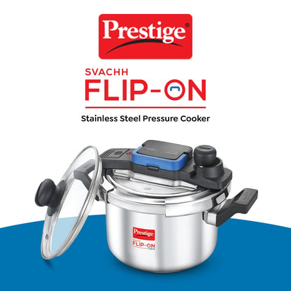 Prestige 5 Litres Svachh FLIP-ON Stainless Steel Tri-ply bottom Pressure Cooker with glass lid | Innovative lock lid with spillage control| Gas & Induction compatible| 5 years warranty - 20157