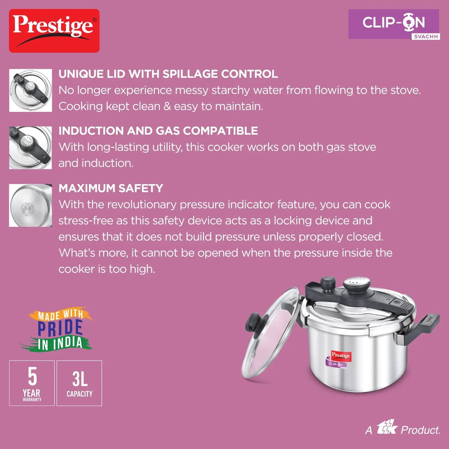 Prestige Svachh Clip-on 5 Litre Stainless Steel Outer Lid Pressure Cooker - 20230