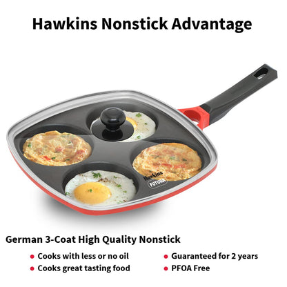 Hawkins Die-Cast Nonstick Multi Snack Pan with Glass Lid, Mini Uttapam Tawa, Pancake Pan, Red 30cms - DCMS 30G