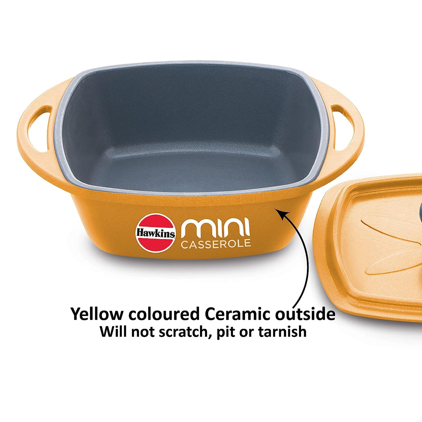 Hawkins Die-Cast Mini Casserole With Lid 0.75 Litres, Square Shaped Die-Cast pan for Cooking, Reheating, Serving and Storing, Yellow - MCSY75