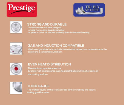 Prestige Tri-ply Splender Stainless Steel Fry Pan 220mm | 1.2 Litres - 37413