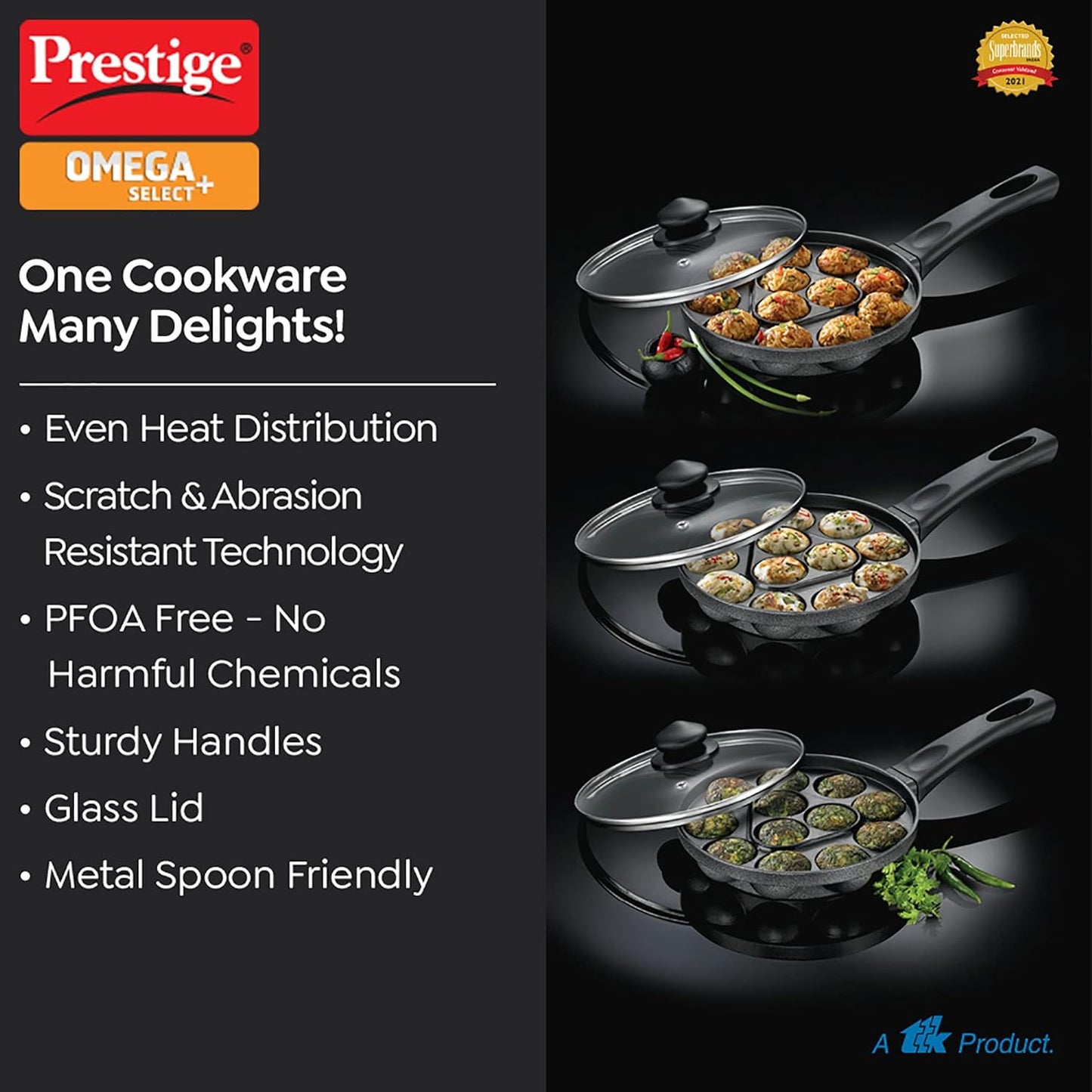 Prestige Omega Select Plus Non Stick Paniyarakkal | Paniyaram Pan with Lid 20cms | 12 Pits - 30348