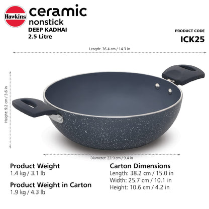 Hawkins Ceramic Nonstick 2.5 Litres Induction Base Granite Deep Kadhai 24cms - ICK25