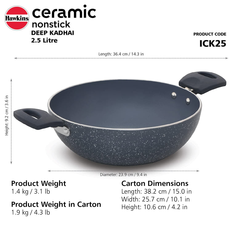 Hawkins Ceramic Nonstick 2.5 Litres Induction Base Granite Deep Kadhai 24cms - ICK25