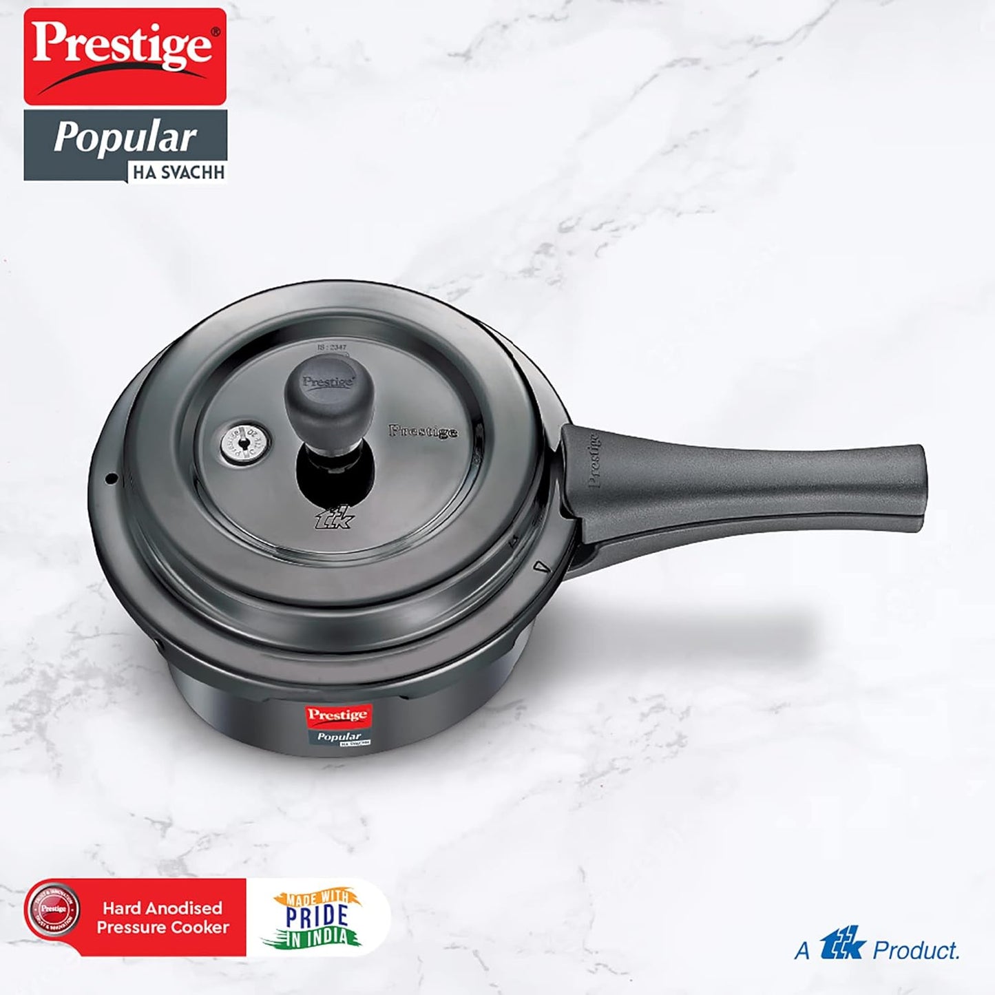 Prestige Popular Svachh Hard Anodised Pressure Cooker 2.0 Litres, Black, Deep Lid-Controls Spillage - 20334