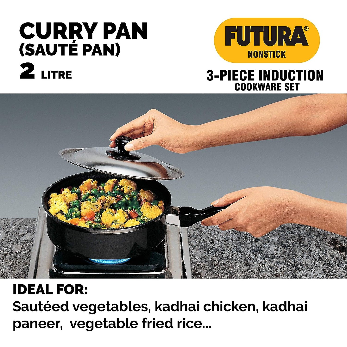 Hawkins Futura 3 Pieces Non Stick Cookware Set 1 - 30cm Flat Tava, 22cm Frying Pan and 2 Litres Curry Pan with One Stainless Steel Lid - NSET1