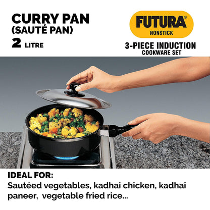 Hawkins Futura 3 Pieces Non Stick Cookware Set 1 - 30cm Flat Tava, 22cm Frying Pan and 2 Litres Curry Pan with One Stainless Steel Lid - NSET1