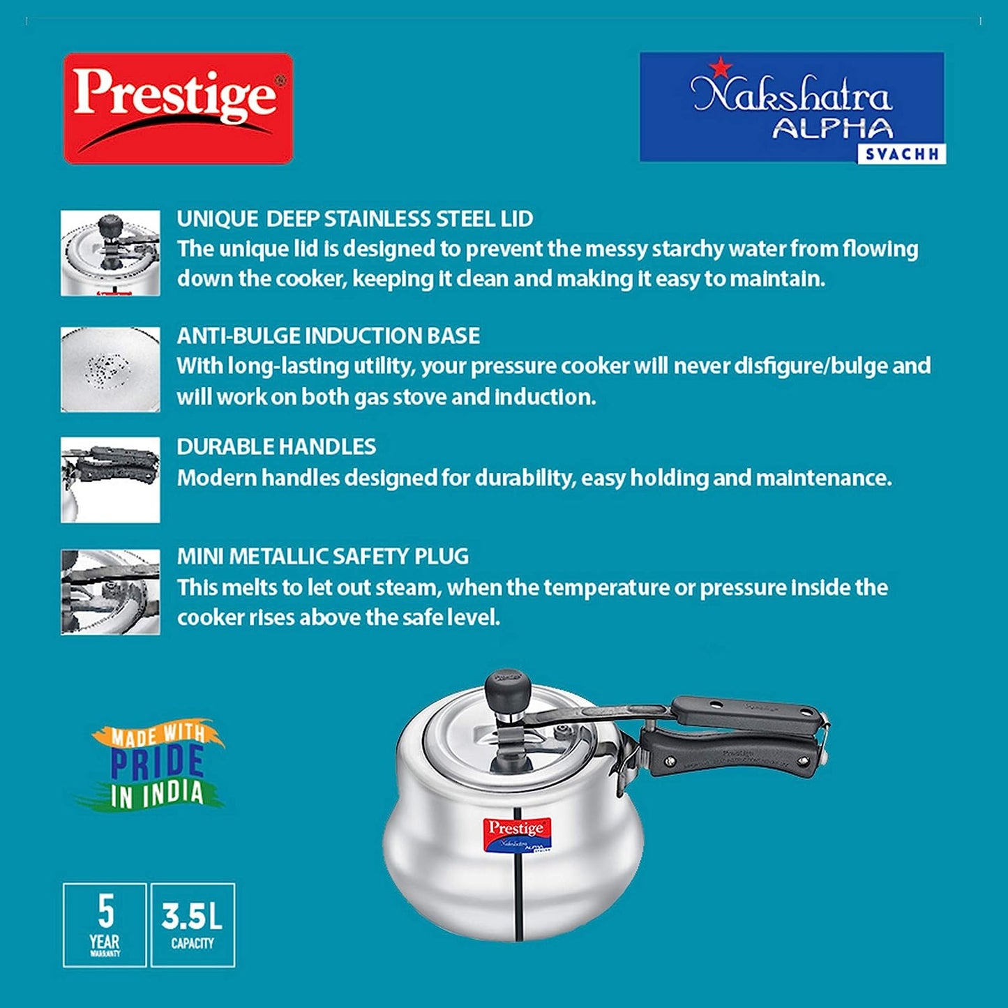 Prestige Nakshatra Alpha Svachh Handi Pressure Cooker, 3.5 Litres, with deep lid for Spillage Control (Inner Lid, Stainless Steel) - 20257