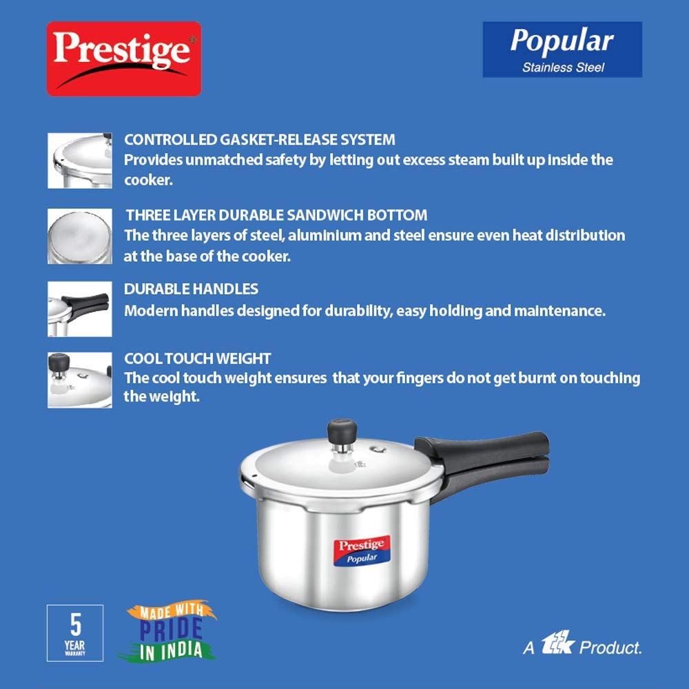 Prestige Popular Stainless Steel Outer Lid Pressure Cooker 2 Litres - 20654