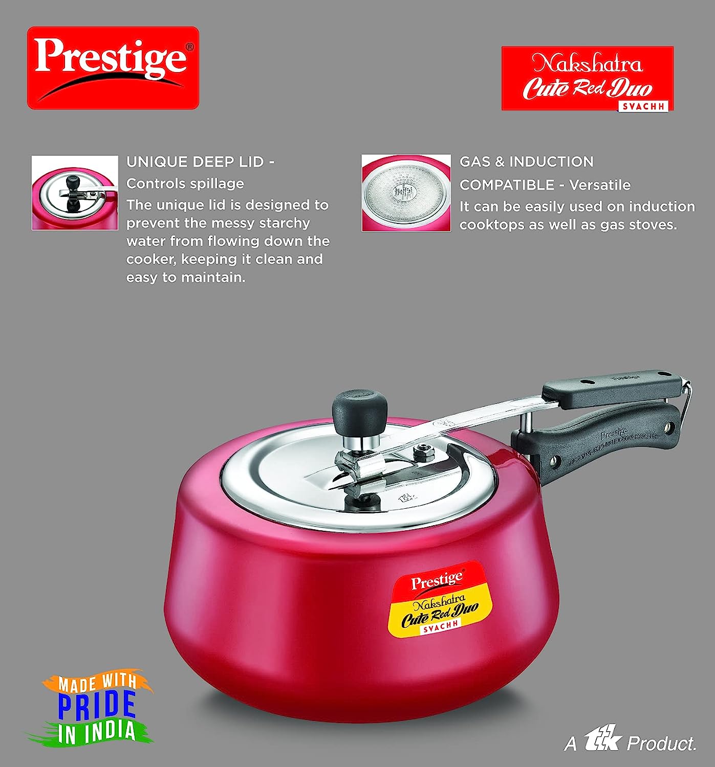 Prestige Nakshatra Cute Duo Svachh Aluminium Inner Lid Pressure Cooker, 2 Litres, Red - 10764