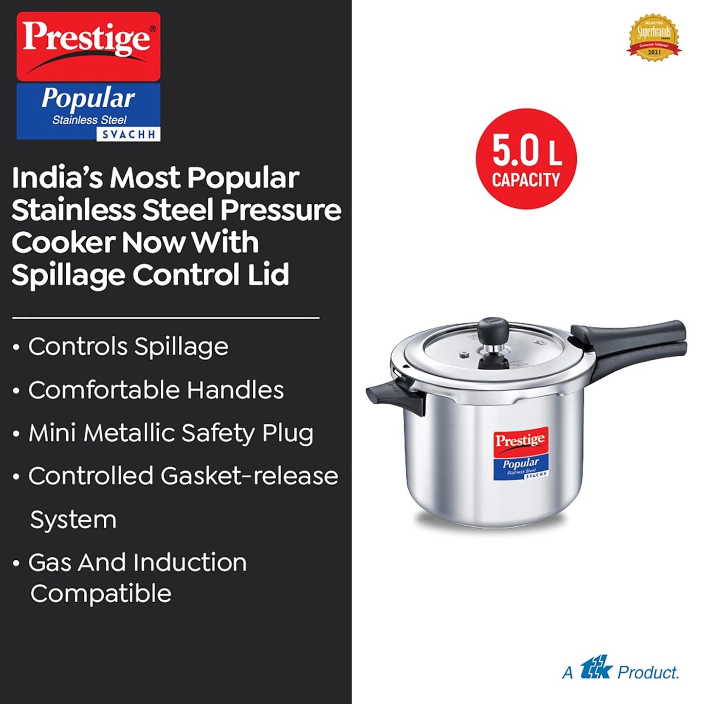 Prestige Svachh Popular Spillage Control Stainless Steel Outer Lid Pressure Cooker, 5 Liters - 20173