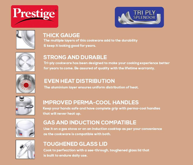 Prestige Tri-ply Splender Stainless Steel Casserole 220mm | 4.25 Litres - 37420