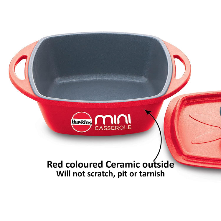 Hawkins Die-Cast Mini Casserole With Lid 0.75 Litres, Square Shaped Die-Cast pan for Cooking, Reheating, Serving and Storing, Red - MCSR75