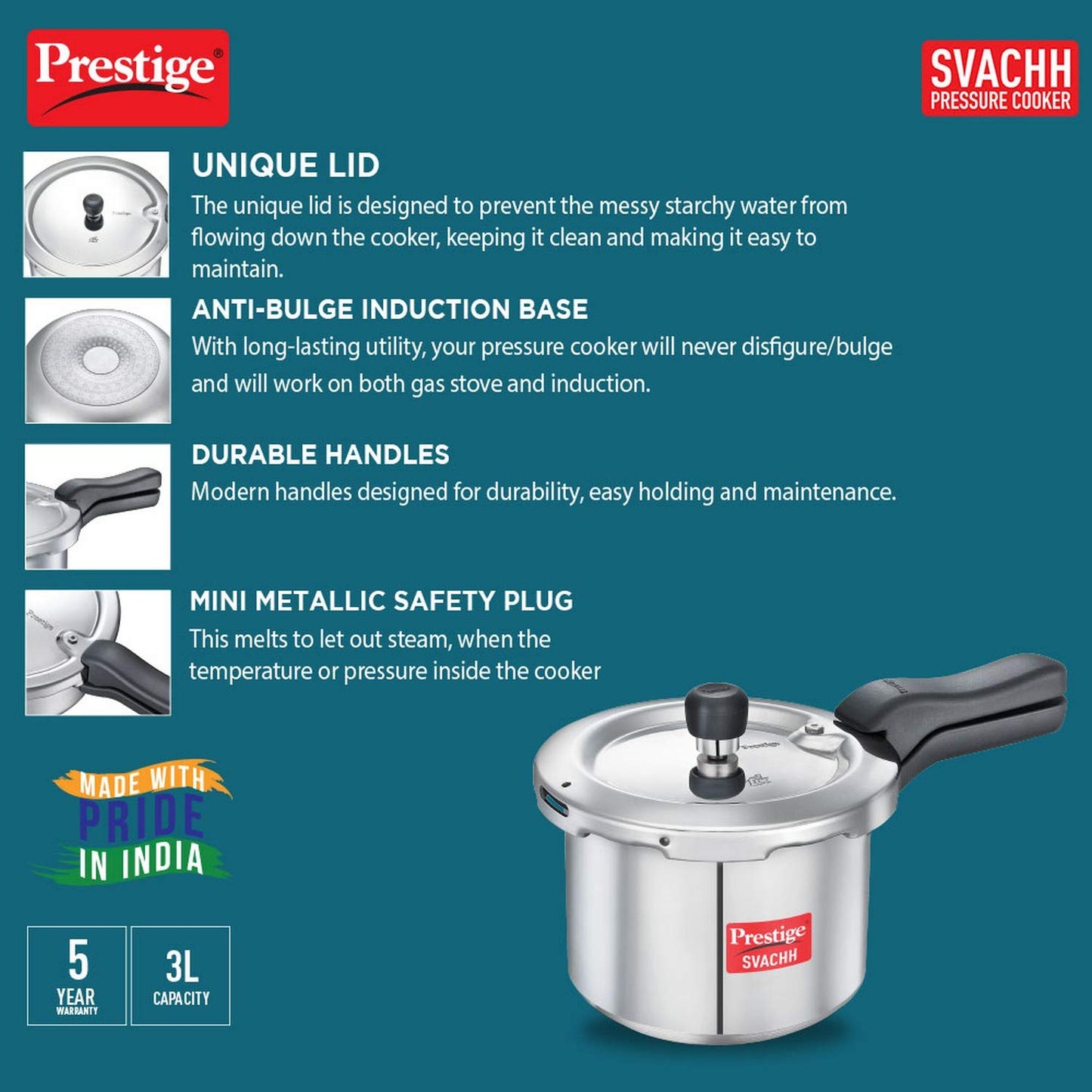 Prestige Svachh Popular Spillage Control Stainless Steel Outer Lid Pressure Cooker, 3 Liters - 20172