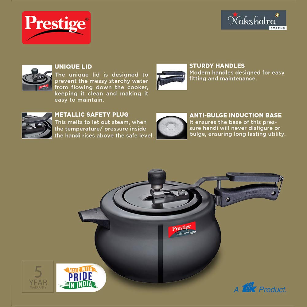 Prestige Nakshatra Plus Svachh Hard Anodized Inner Lid Pressure Handi, 5 Litres, Black - 10761