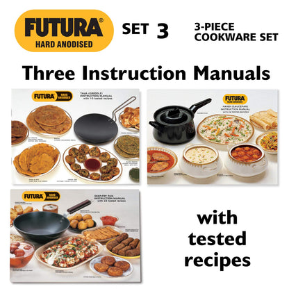 Hawkins Futura 3 Pieces Hard Anodised Cookware Set 3 - 26cm Tava, 3 Litres Handi Sauce Pan With One Hard Anodised Lid and 2.5 Litres Deep Fry Pan With SS Lid - ASET3