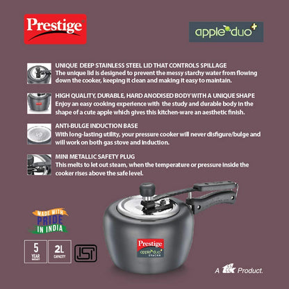 Prestige Apple DUO Plus Svachh Hard Anodised Inner Lid Pressure Cooker, 2.0 Litres (Black) - 20262