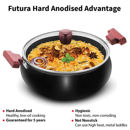 Hawkins Futura Hard Anodised Cook n Serve Handi With Glass Lid 5 Litres | 26cm, 3.25mm - ACH 50G