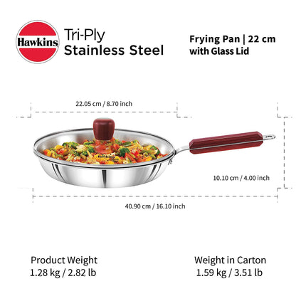 Hawkins Triply Stainless Steel Induction Base Fry Pan With Glass Lid 22cm - SSF 22G