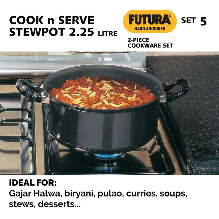 Hawkins Futura 2 Pieces Hard Anodised Cookware Set 5 - 22cm Tava and 2.5 Litres Stewpot with One Stainless Steel Lid - ASET5