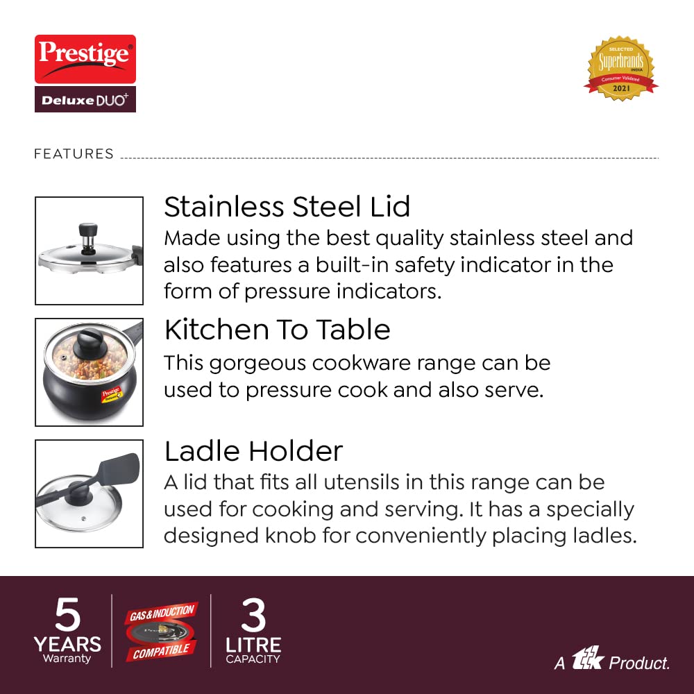 Prestige Deluxe Duo Plus Hard Anodised Outer Lid Handi Pressure Cooker With Stainless Steel Lid & Glass Lid 3 Litres - 20144